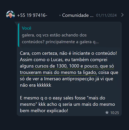 Depoimento sobre o conteúdo da imersão anti-prospecção