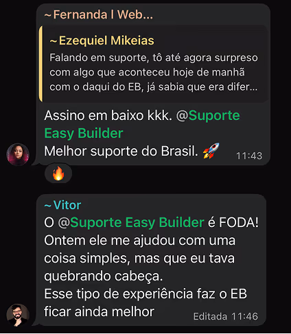 Depoimento sobre surpresa com o suporte Easy Builder